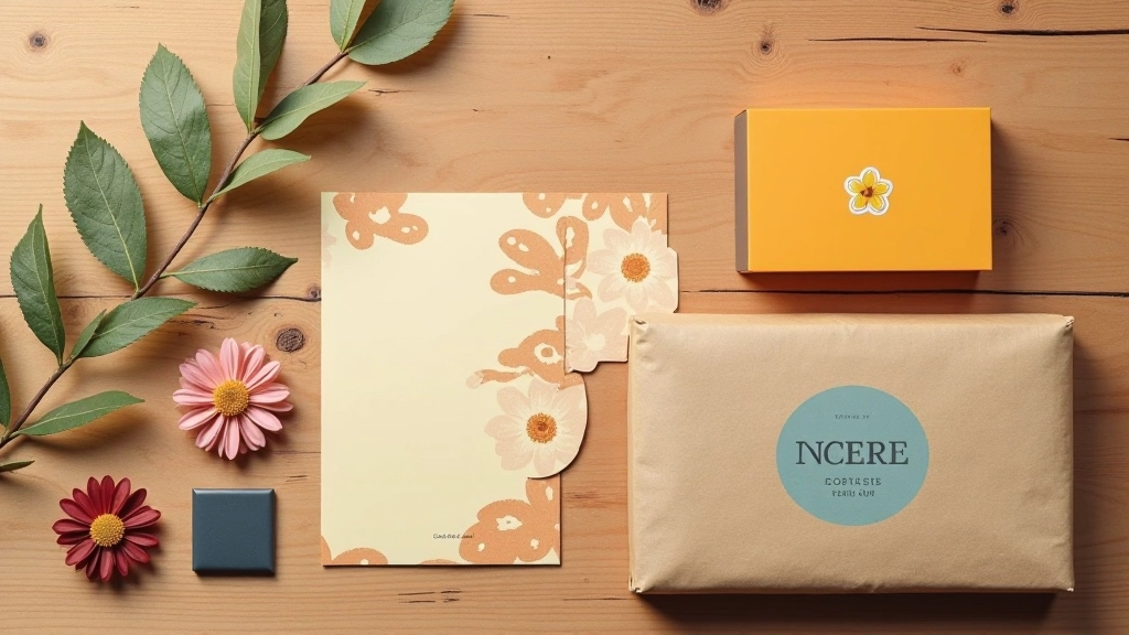 Mockup de marca fictícia usando paleta nostálgica — cartão de visita, embalagem e guia de cores mostrando aplicação prática