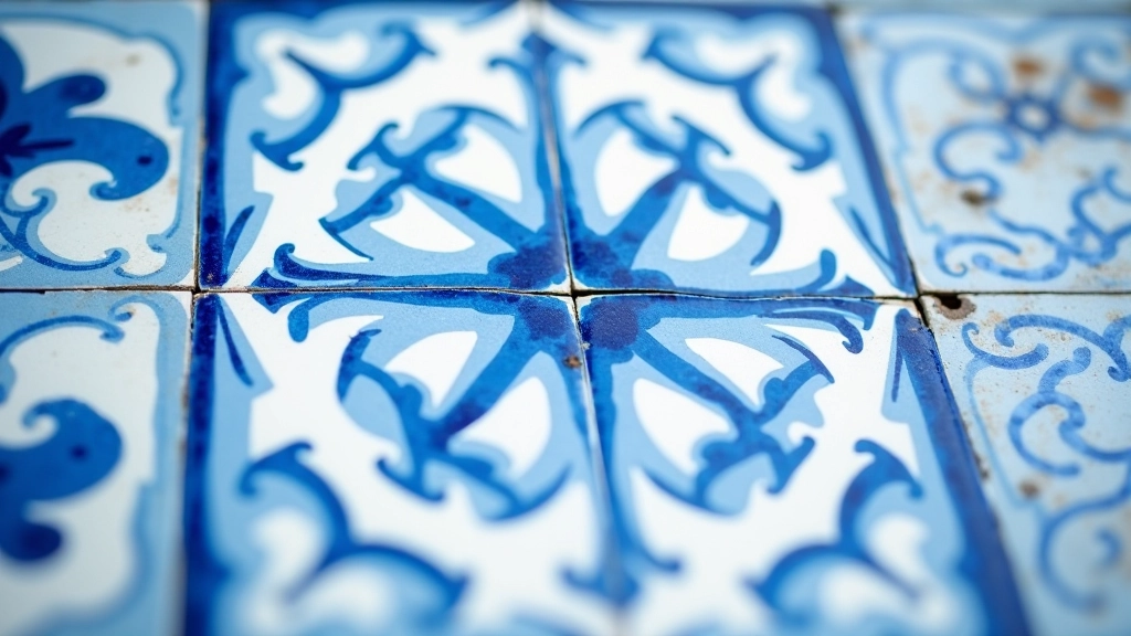 Detalhe de azulejo tradicional português com padrões geométricos em tons azul e branco