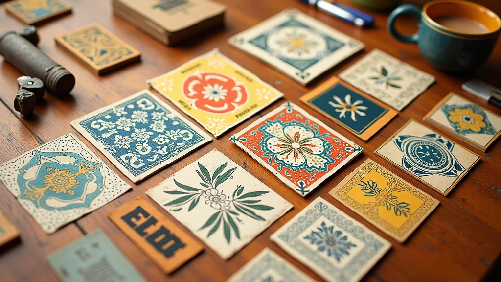 Coleção de elementos de design português incluindo padrões tradicionais, cores vintage e tipografia clássica