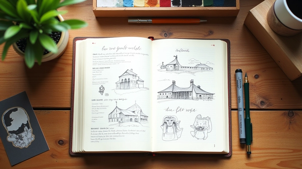 Caderno de esboços aberto com desenhos de tinta e marcadores, mostrando processo de ideação criativa para design de marca