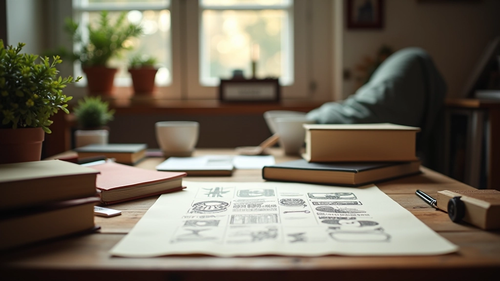 Estúdio de design retrô com materiais vintage, tipografia clássica e elementos artesanais em mesa de trabalho