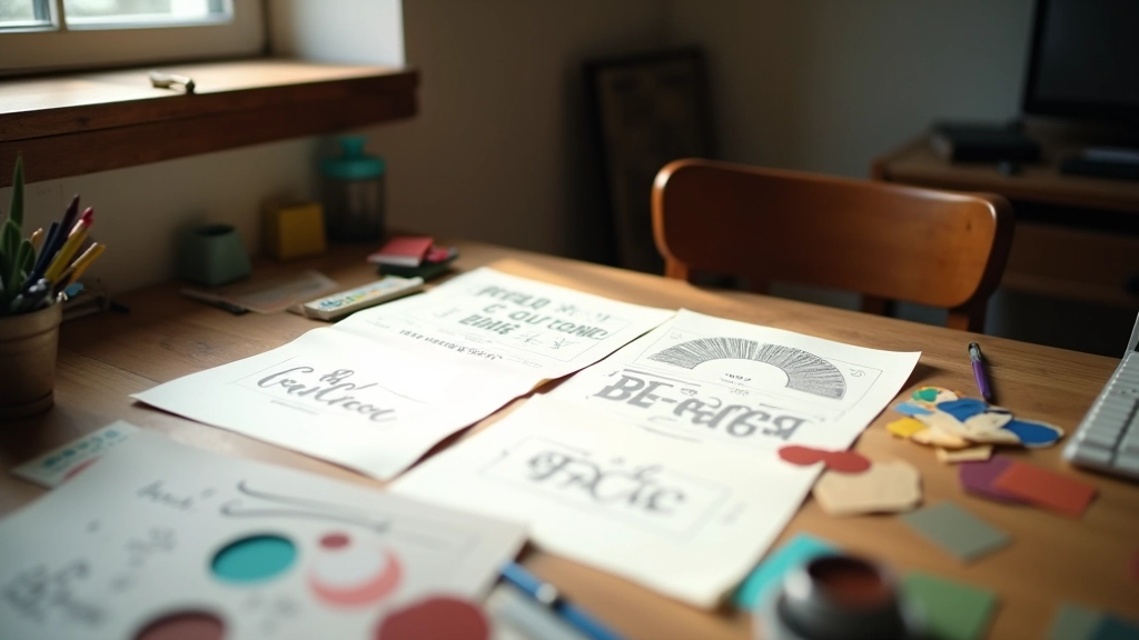 Espaço de trabalho do estúdio Tempo Retro com sketches e amostras de tipografia clássica