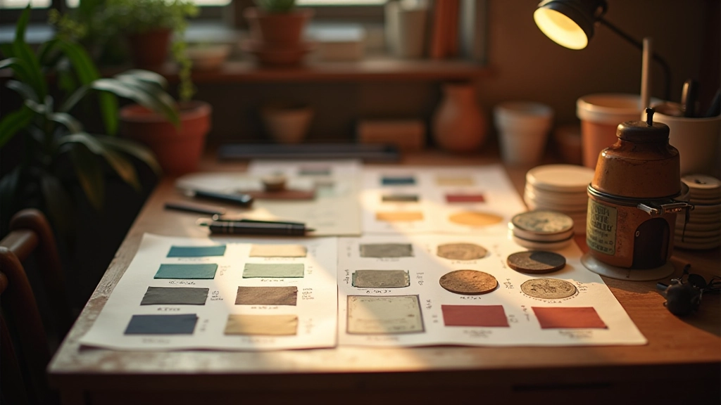 Mesa de trabalho com amostras de design vintage, paleta de cores nostálgicas e elementos desenhados à mão