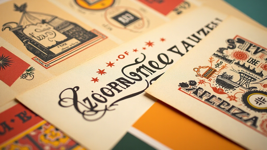 Detalhe de amostras de tipografia clássica com elementos desenhados e paletas nostálgicas